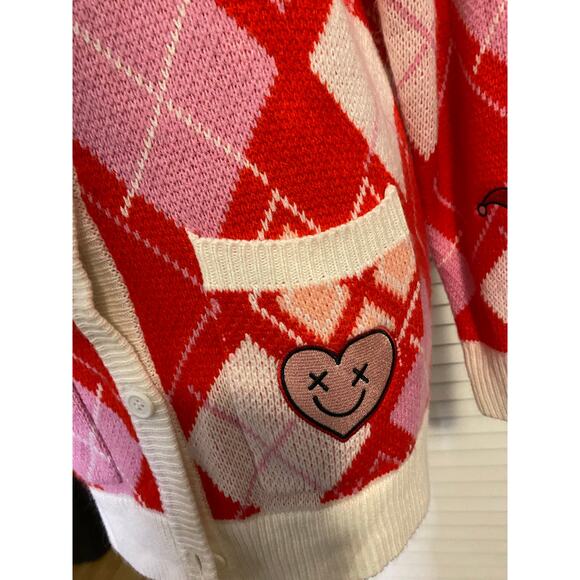 DC‎ Comics Harley Quinn Diamond Argyle Red Pink White Cardigan Size SM - Picture 6 of 9